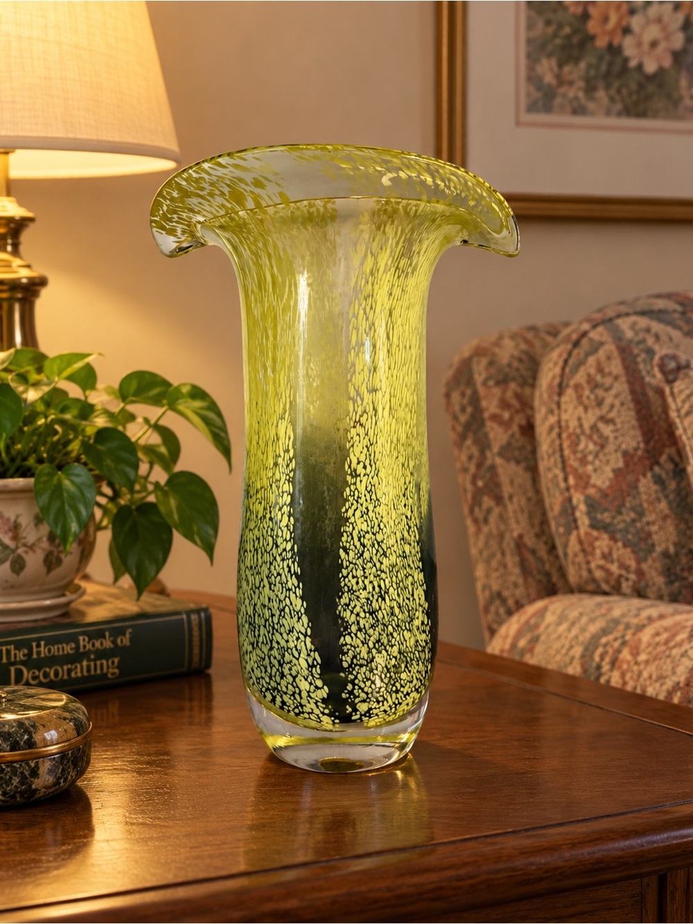 Vintage Teleflora Art Glass Vase Cobalt Blue Lime Green Speckled Flared Rim